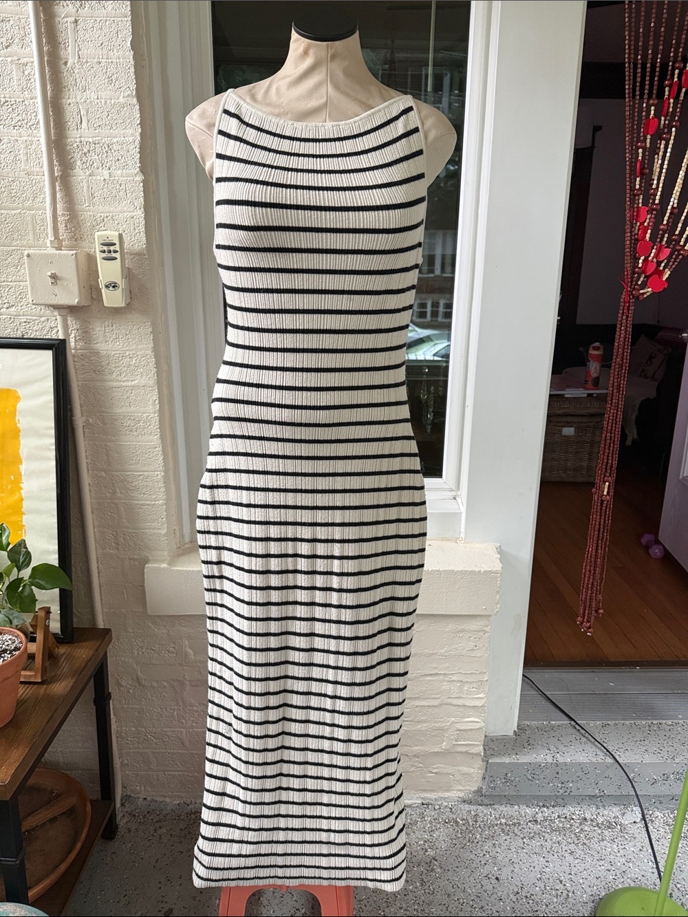 A&F Sleeveless Black & White Striped Rib Knit Maxi Dress